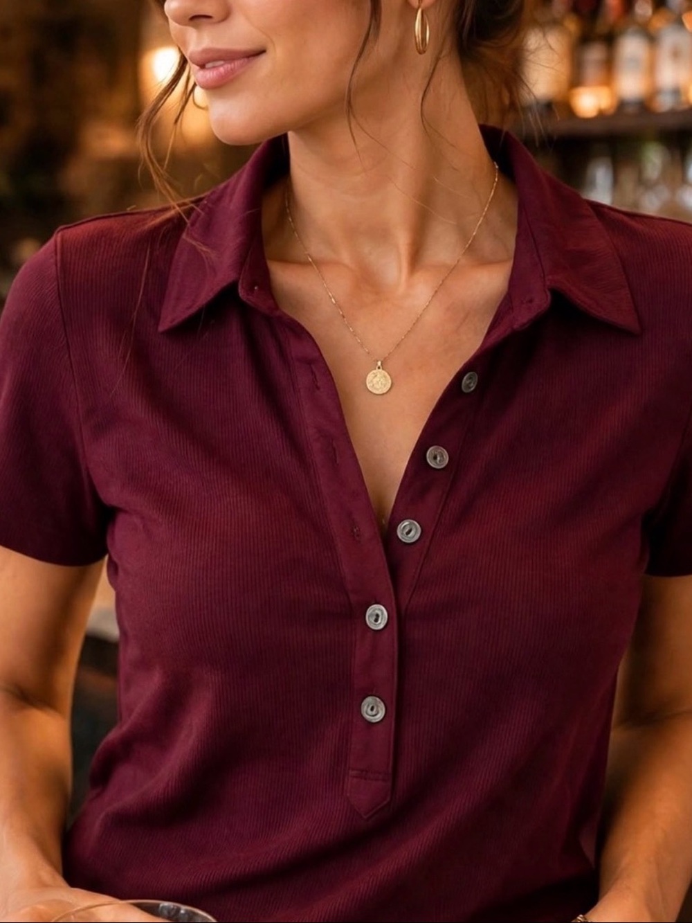 Veronica Beard Burgundy Button-Front Short Sleeve Polo